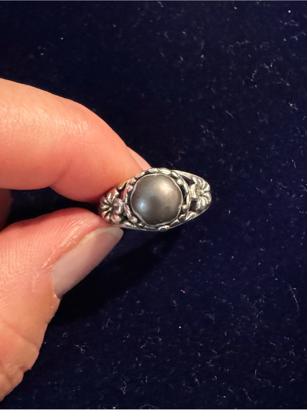 Sterling Silver Black Pearl Floral Signet Ring - Women's Jewelry